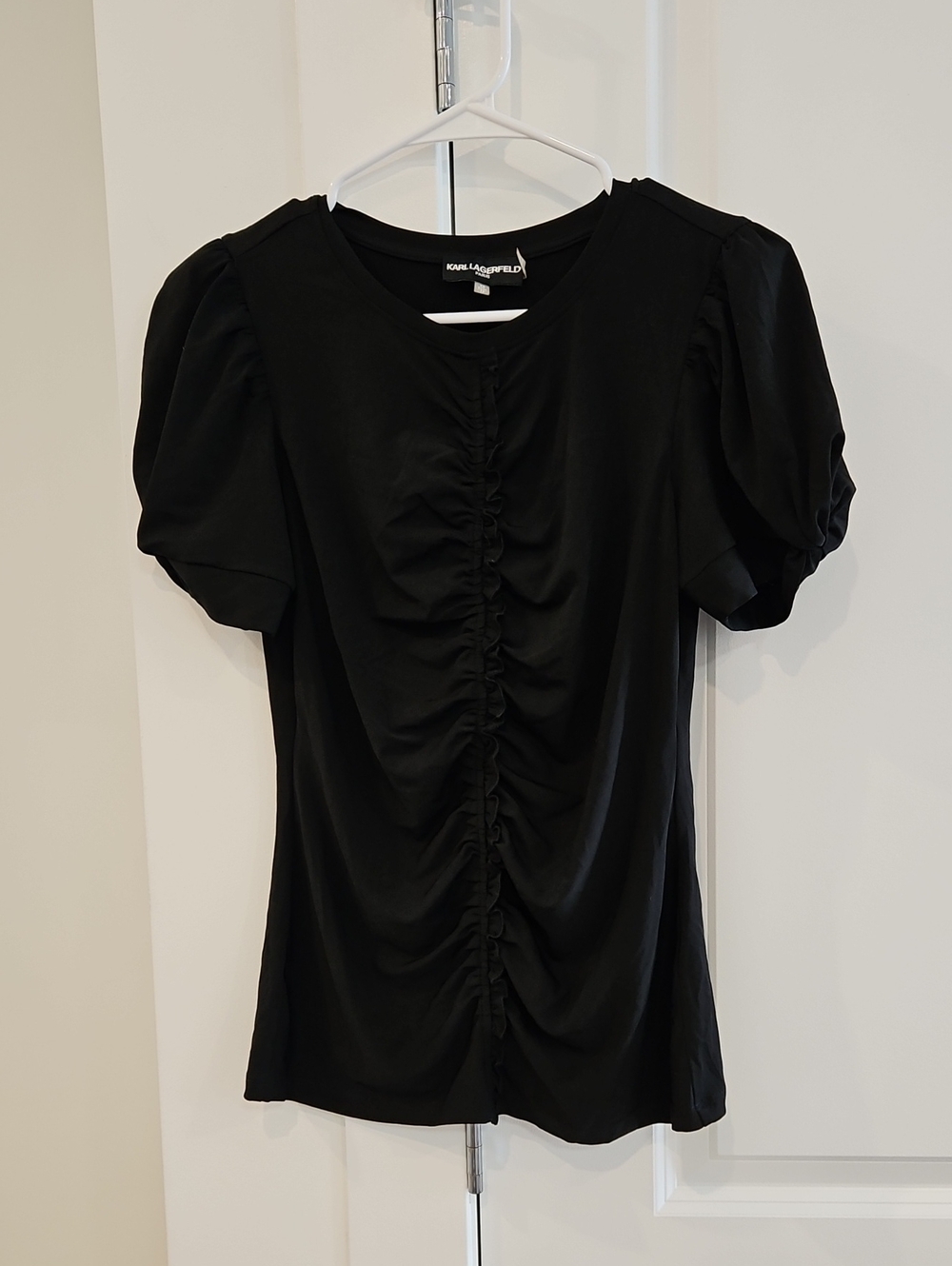Karl Lagerfeld Black Puff-Sleeve Ruched Front Tee